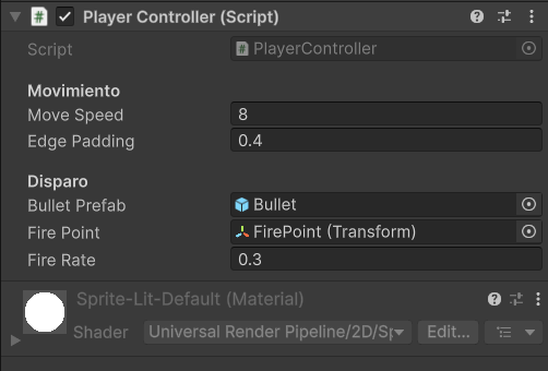 Inspector del Player con Bullet Prefab y Fire Point asignados