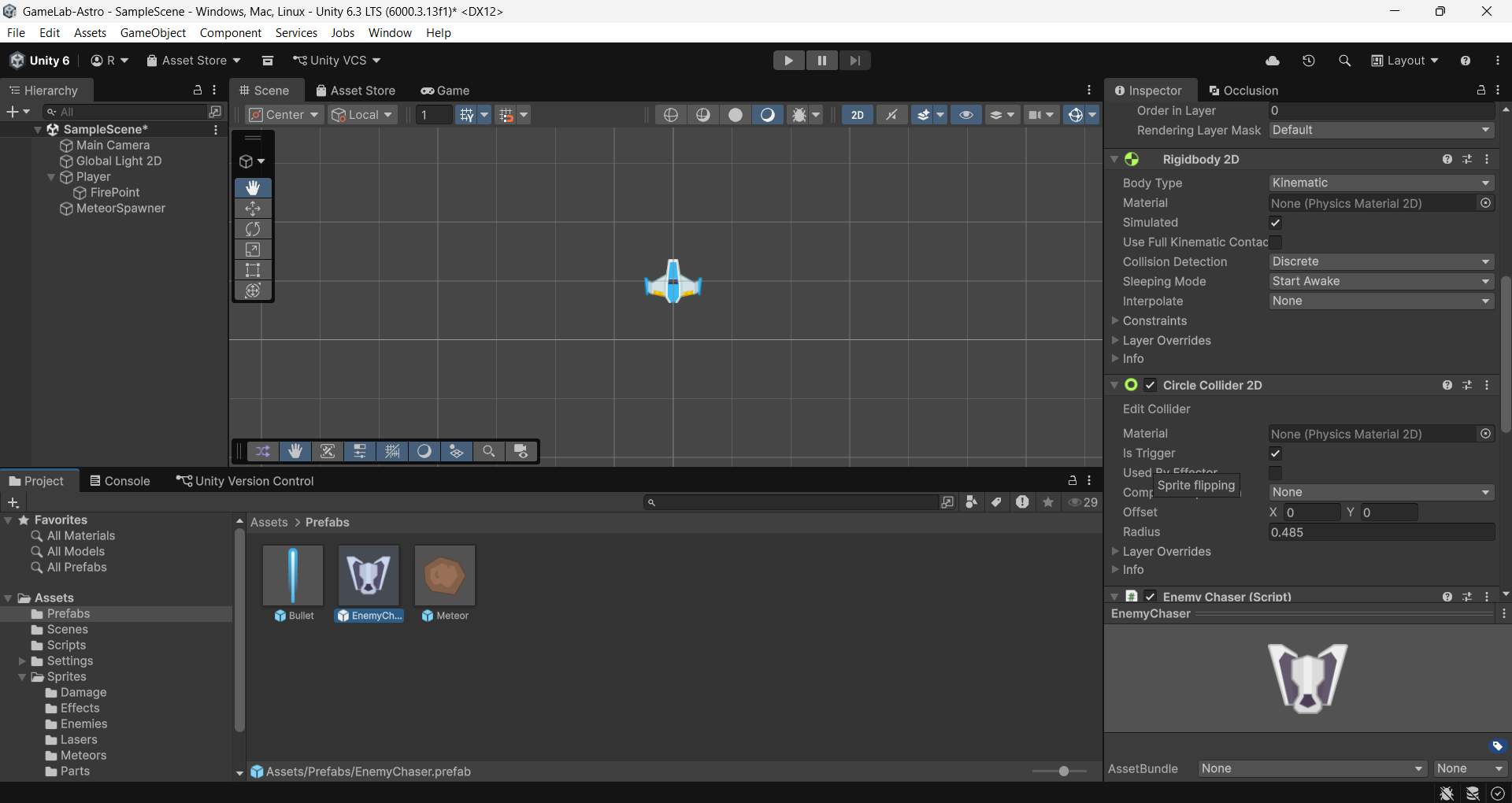 Inspector del prefab EnemyChaser: Tag Enemy, Circle Collider 2D, Rigidbody 2D y script