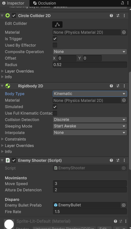 Inspector del prefab EnemyShooter con Enemy Bullet Prefab asignado