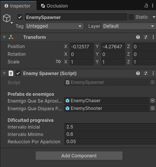 Inspector de EnemySpawner con ambos prefabs asignados