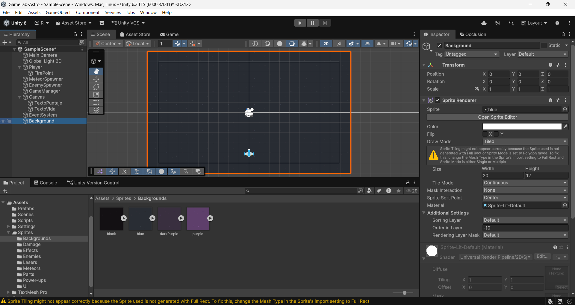 Inspector de Background: Draw Mode Tiled, Size y Order in Layer -10