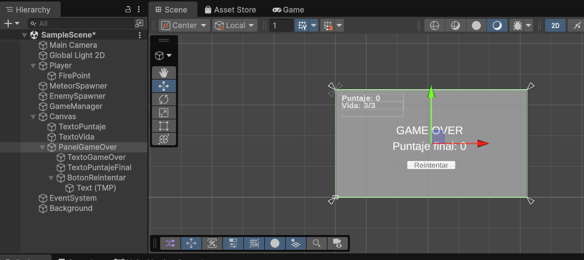 Hierarchy con Canvas > PanelGameOver y sus tres hijos