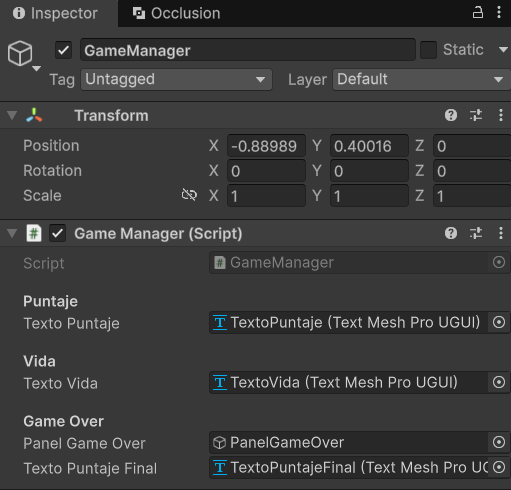 Inspector de GameManager con Panel Game Over y Texto Puntaje Final asignados