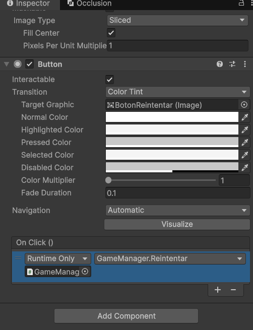 Inspector de BotonReintentar con On Click conectado a GameManager.Reintentar