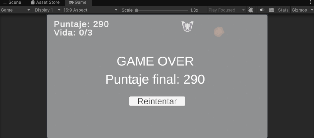 Jugando en modo Play: panel de Game Over con el puntaje final