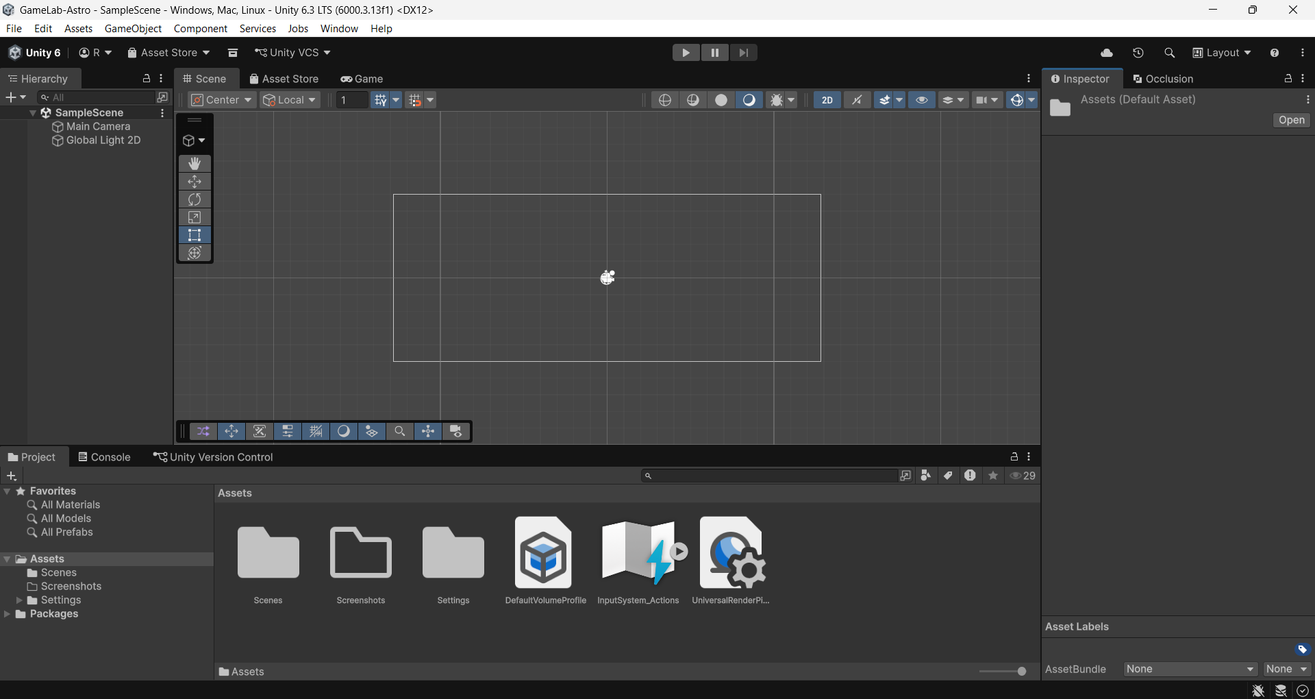 Interfaz de Unity al abrir un proyecto 2D nuevo
