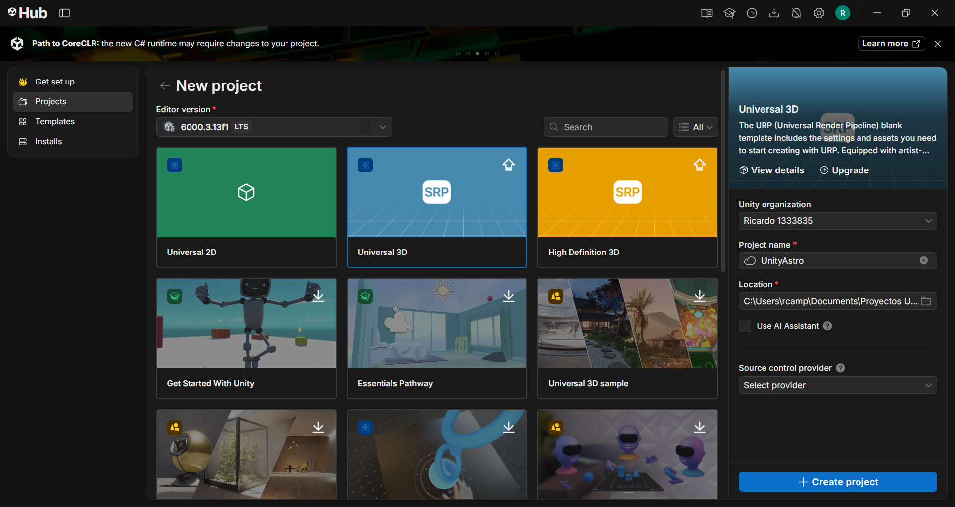 Pantalla de creación de proyecto en Unity Hub